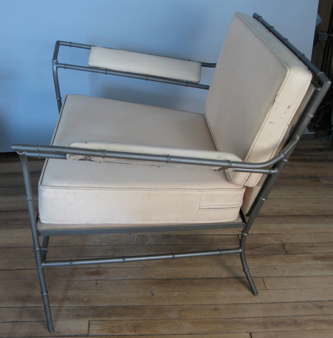 American Pair of Vintage Steel Bamboo Lounge Chairs and Ottoman