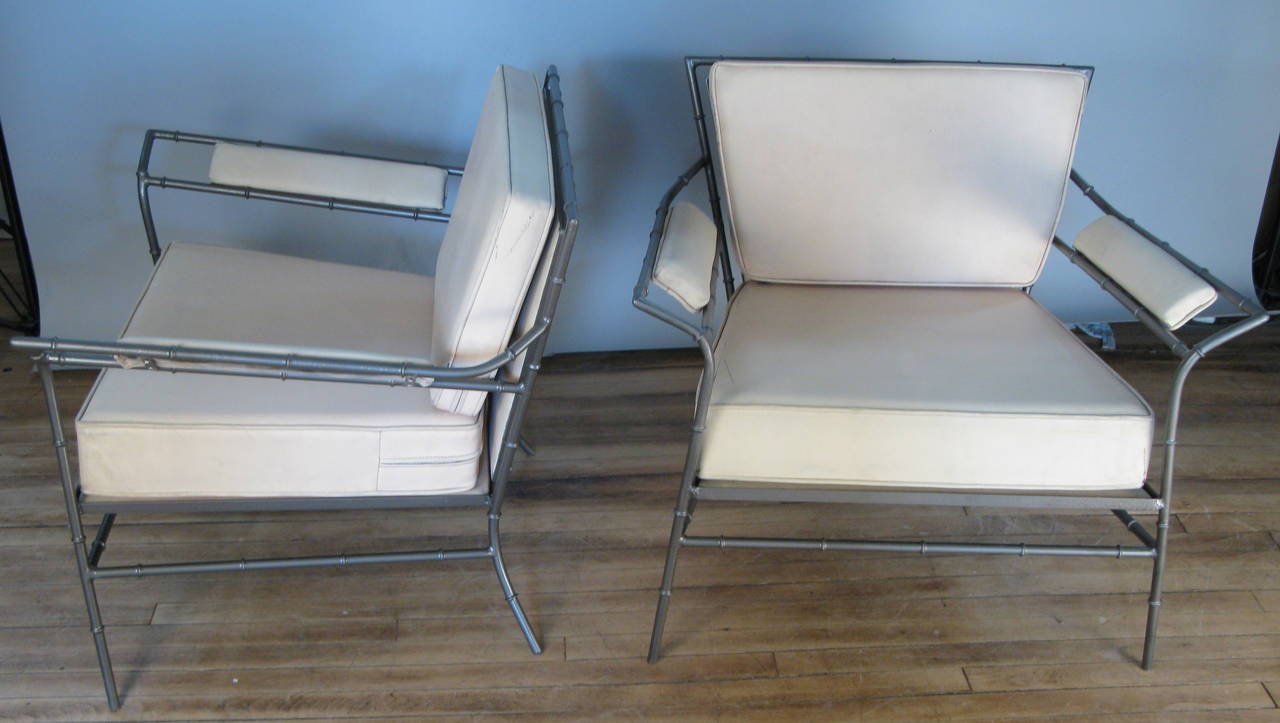 Pair of Vintage Steel Bamboo Lounge Chairs and Ottoman 2