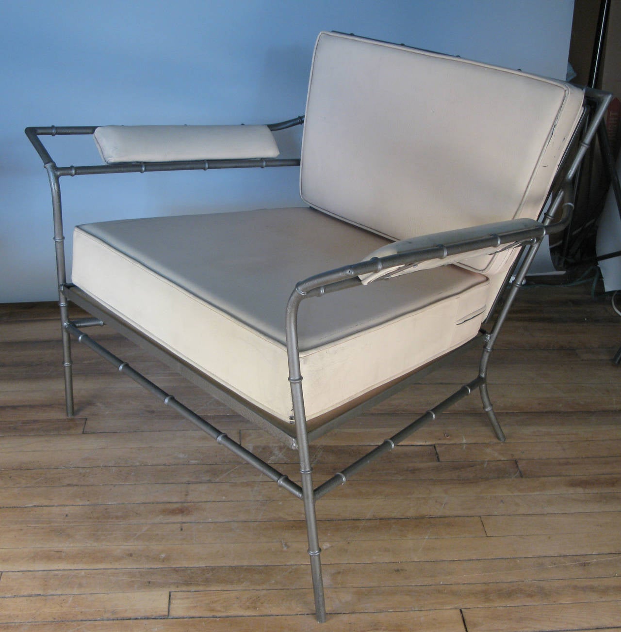 Mid-20th Century Pair of Vintage Steel Bamboo Lounge Chairs and Ottoman