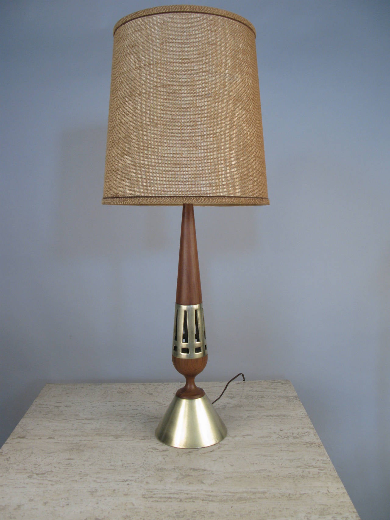 American Pair of 1950s Modern Walnut and Brass Lamps by Tony Paul