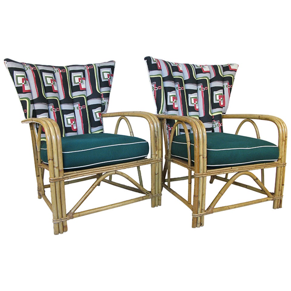 Fabulous Pair of 1940's Rattan Lounge Chairs in Vintage Barkcloth