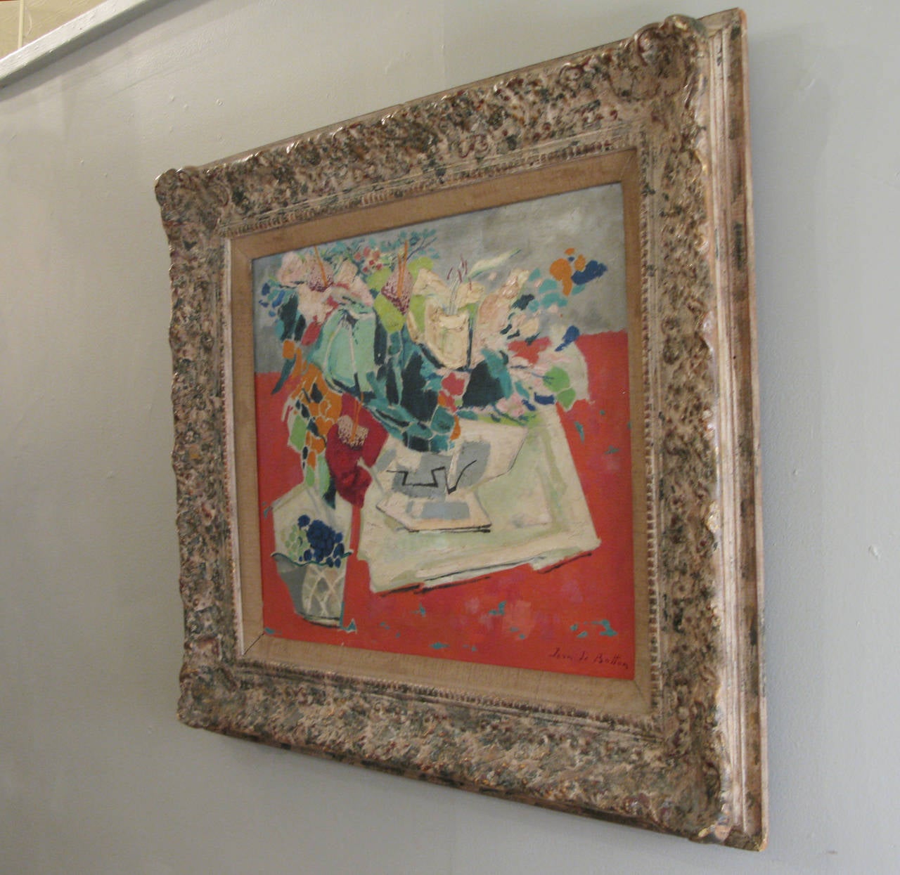 Charming abstract cubist still-life oil painting by French artist Jean de Botton, wonderful composition and color, in its original hand-carved frame. 

Size of the frame is 30 H x 34 W.