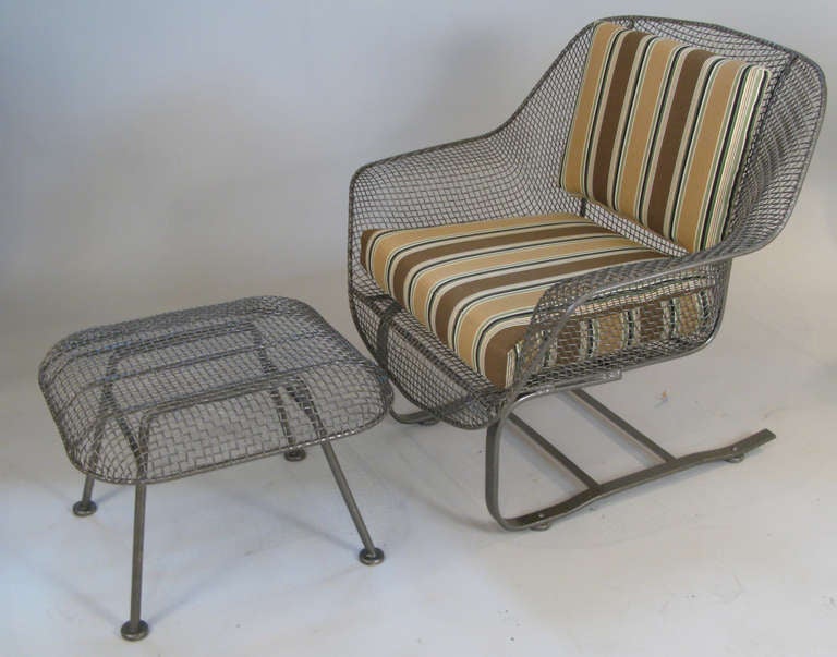 Wrought Iron Pair of Vintage 'Sculptura' Garden Lounge Chairs & Ottomans by Russell Woodard