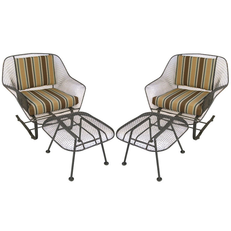 Pair of Vintage 'Sculptura' Garden Lounge Chairs & Ottomans by Russell Woodard