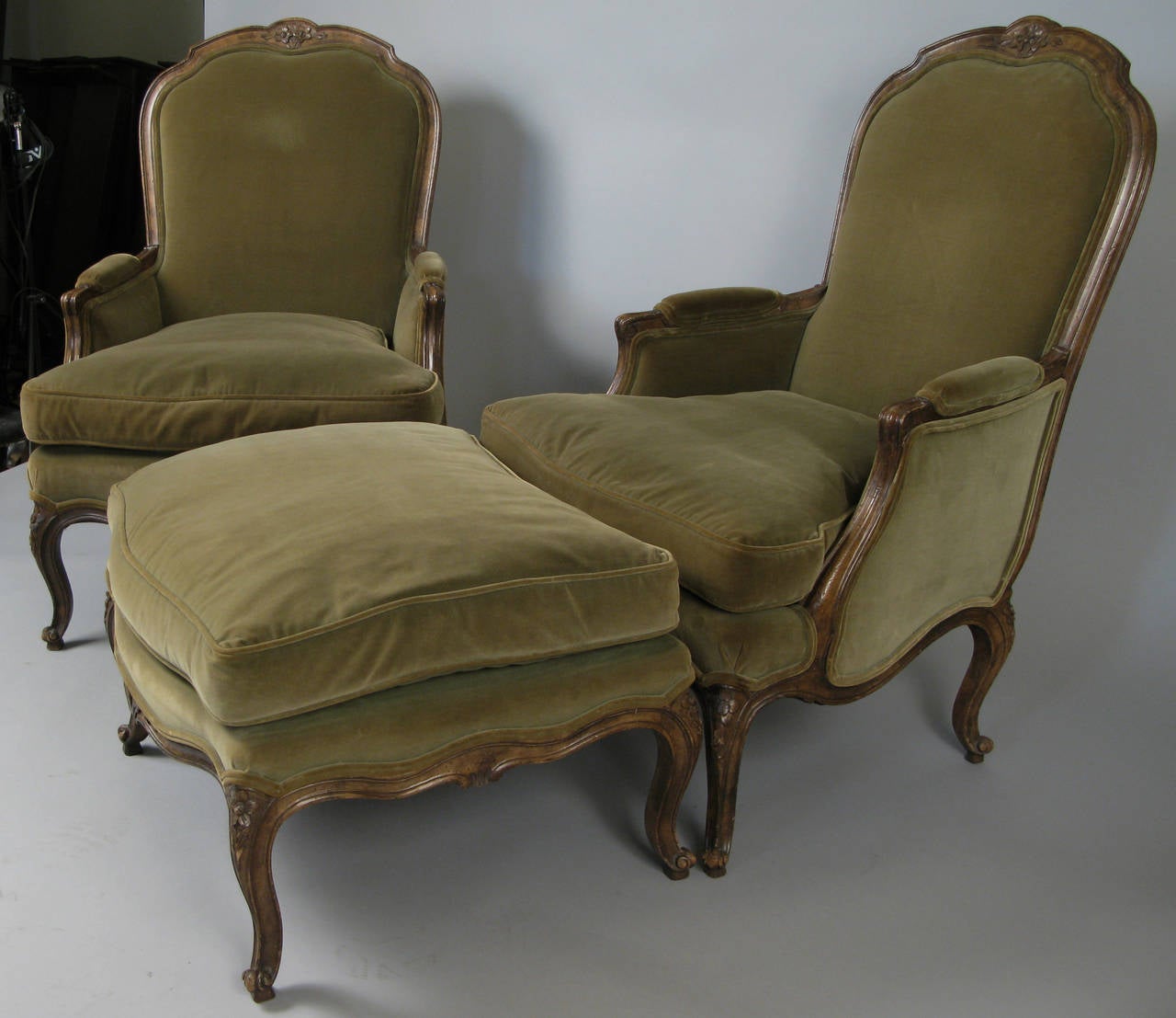 Pair of French Style Velvet Lounge Chairs and Ottoman In Excellent Condition In Hudson, NY