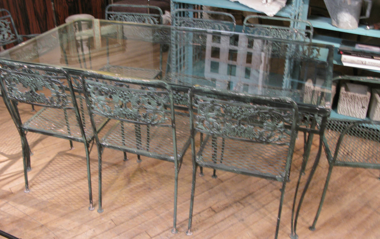 Vintage 1950s Wrought Iron Garden Set With Two Tables And Eight Chairs
