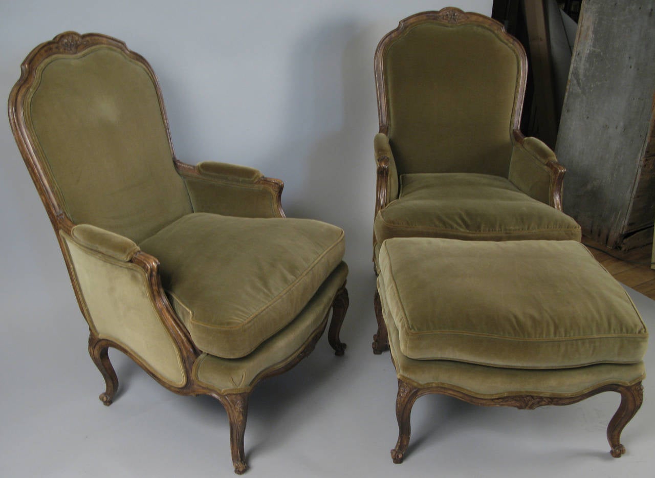 American Pair of French Style Velvet Lounge Chairs and Ottoman