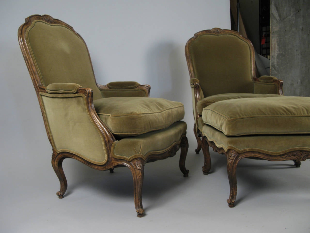 French Provincial Pair of French Style Velvet Lounge Chairs and Ottoman