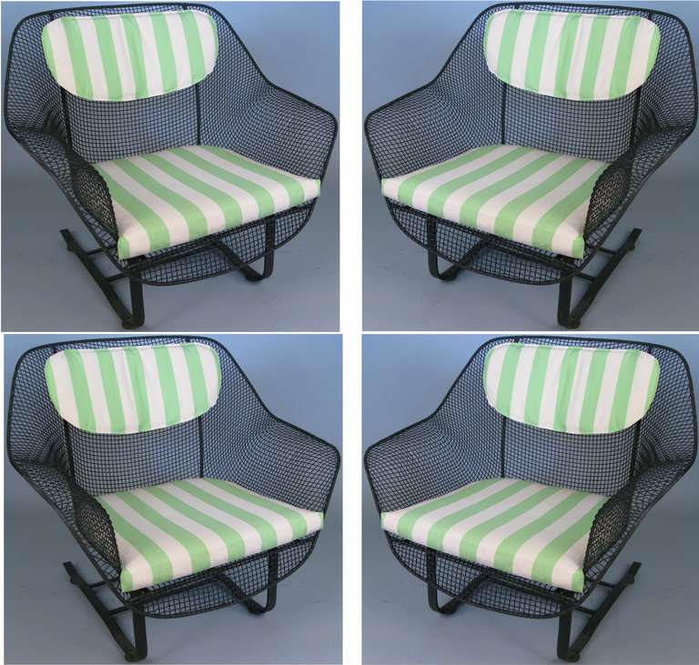 a set of 'Sculptura' garden Lounge Chairs by Russell Woodard c. 1950. the most comfortable and desirable of Russell Woodard's classic and iconic modern 'Sculptura' collection, the spring lounge chair is formed entirely of woven steel mesh, with a