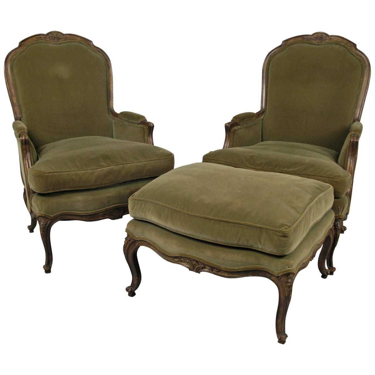 Pair of French Style Velvet Lounge Chairs and Ottoman