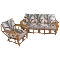 Vintage 1940s Rattan Sofa and Chair with Reversible Cushions