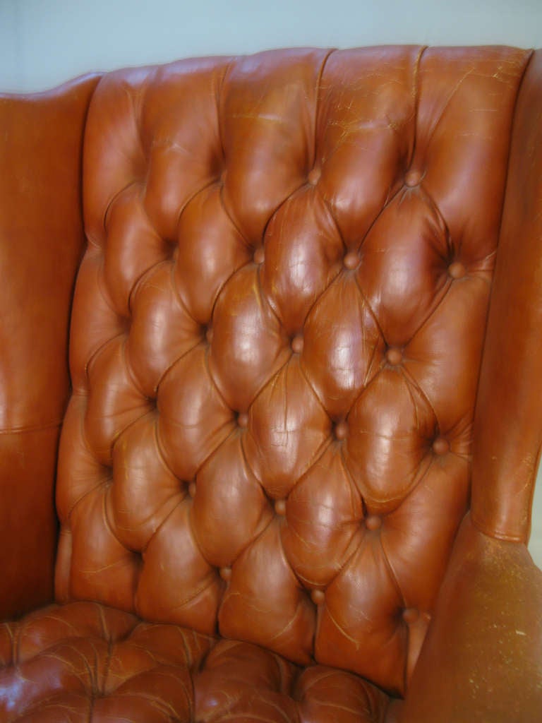 Vintage Tufted Leather Wing Chair In Good Condition In Hudson, NY