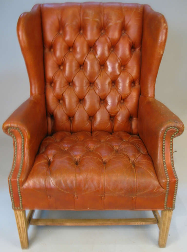 Mid-20th Century Vintage Tufted Leather Wing Chair