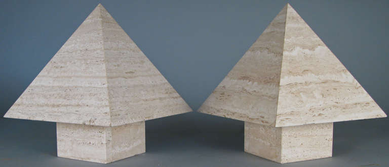 a pair of very unique Italian table lamps made entirely in travertine, in a pyramid form, with square bases. outstanding craftsmanship and design, these gorgeous pieces function as lighted decorative objects. marked made in Italy.