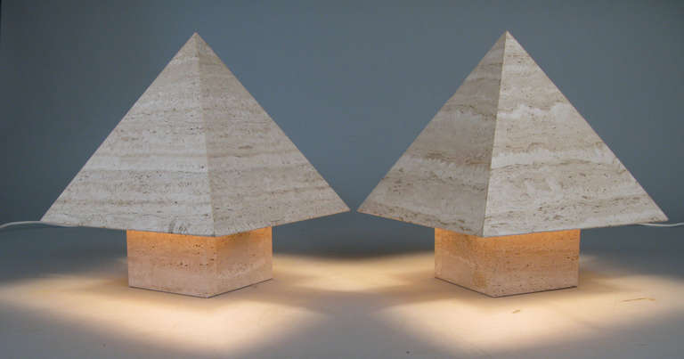 Extraordinary Italian Travertine Pyramid Lamps 2
