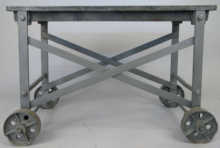 Industrial Antique Cast Iron & Steel Rolling Glass Blowing Table