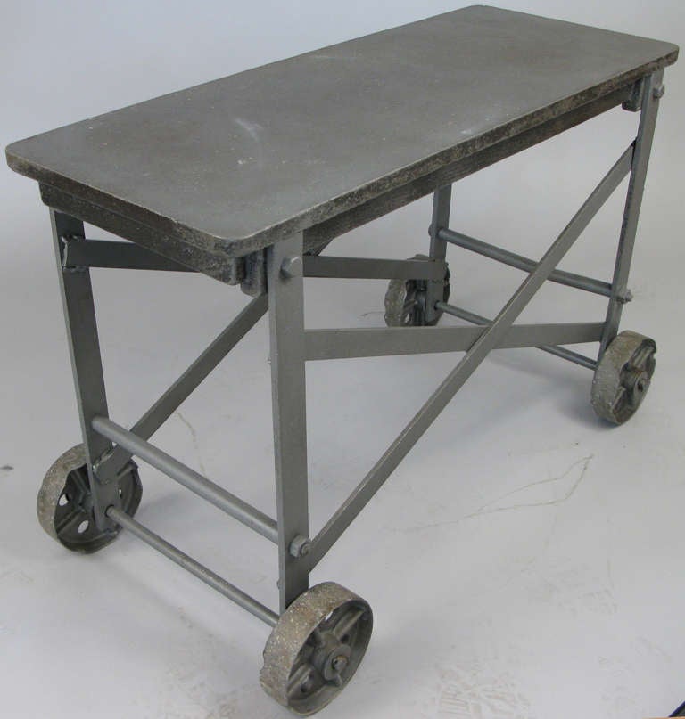 American Antique Cast Iron & Steel Rolling Glass Blowing Table