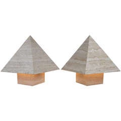 Extraordinary Italian Travertine Pyramid Lamps