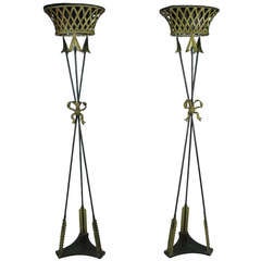 Antique Pair of Neoclassical 'Bow & Arrow' Iron Plant Stands