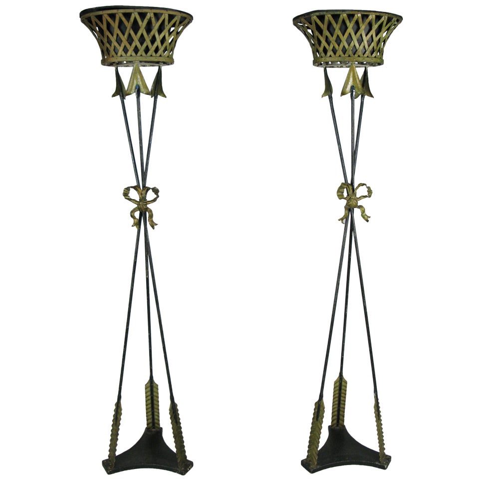 Pair of Neoclassical 'Bow & Arrow' Iron Plant Stands
