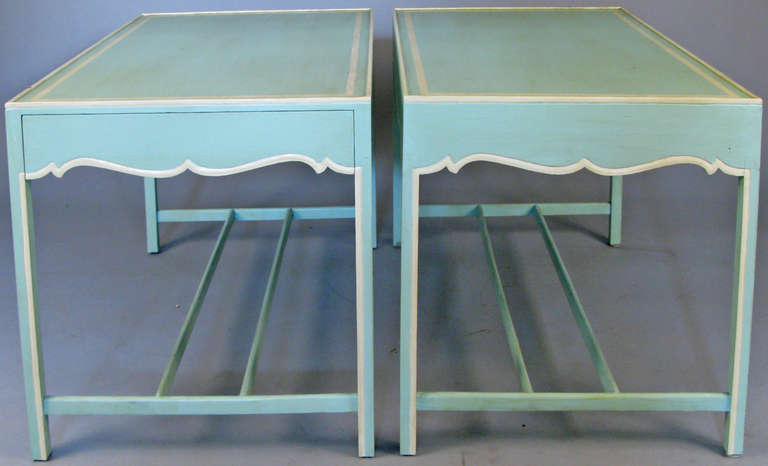 a pair of vintage 1940's generously scaled single drawer lamp tables, in original painted pale mint green and cream finish, from a Newport RI estate.