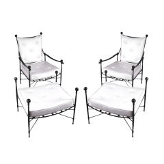 Pair of Fine Salterini Iron Lounge Chairs and Ottomans with Table