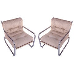 Pair Chrome & Linen Lounge Chairs by Overman