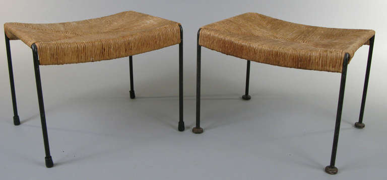 American Pair of 1950s Iron and Woven Rush Benches by Arthur Umanoff