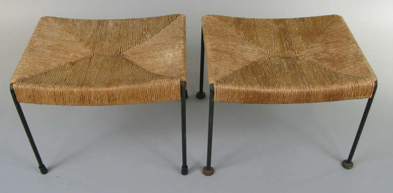 Pair of 1950s Iron and Woven Rush Benches by Arthur Umanoff 1