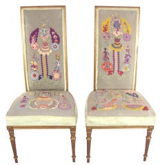 Vintage Pair Nursery Rhyme Crewel Gilt Chairs