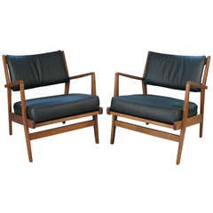 Pair of Walnut & Leather Lounge Chairs by Jens Risom