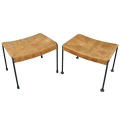 Pair of 1950s Iron and Woven Rush Benches by Arthur Umanoff