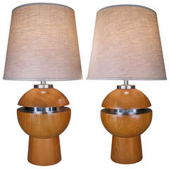 Pair of 1970s Oak and Chrome Lamps