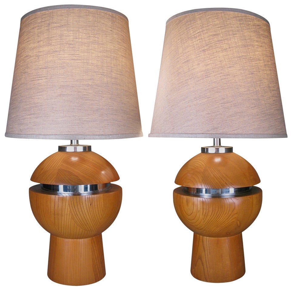 Pair of 1970s Oak and Chrome Lamps