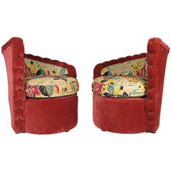 Classic Pair of 1940s Curved and Tufted Club Chairs