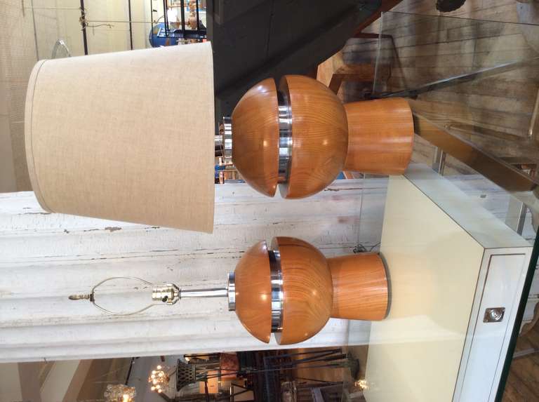 Pair of 1970s Oak and Chrome Lamps 3