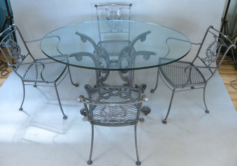 Vintage Wrought Iron Dining Set with Lyre Back Chairs In Excellent Condition In Hudson, NY