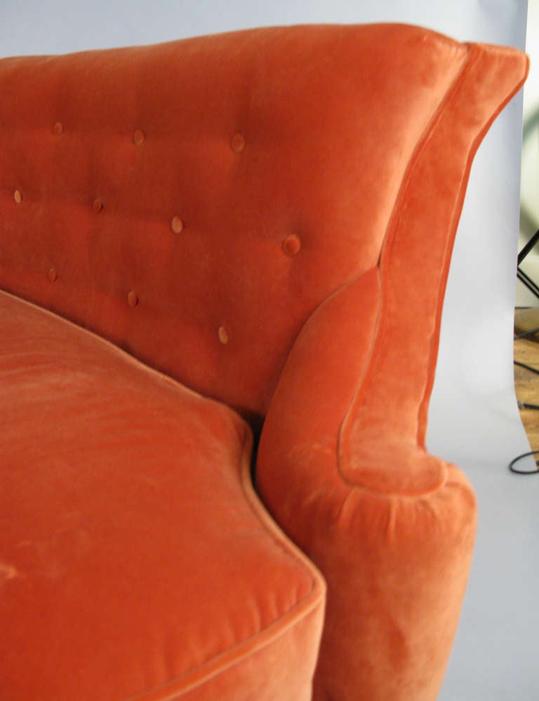 Curved 1940's Sectional Sofa in Orange Velvet In Excellent Condition In Hudson, NY