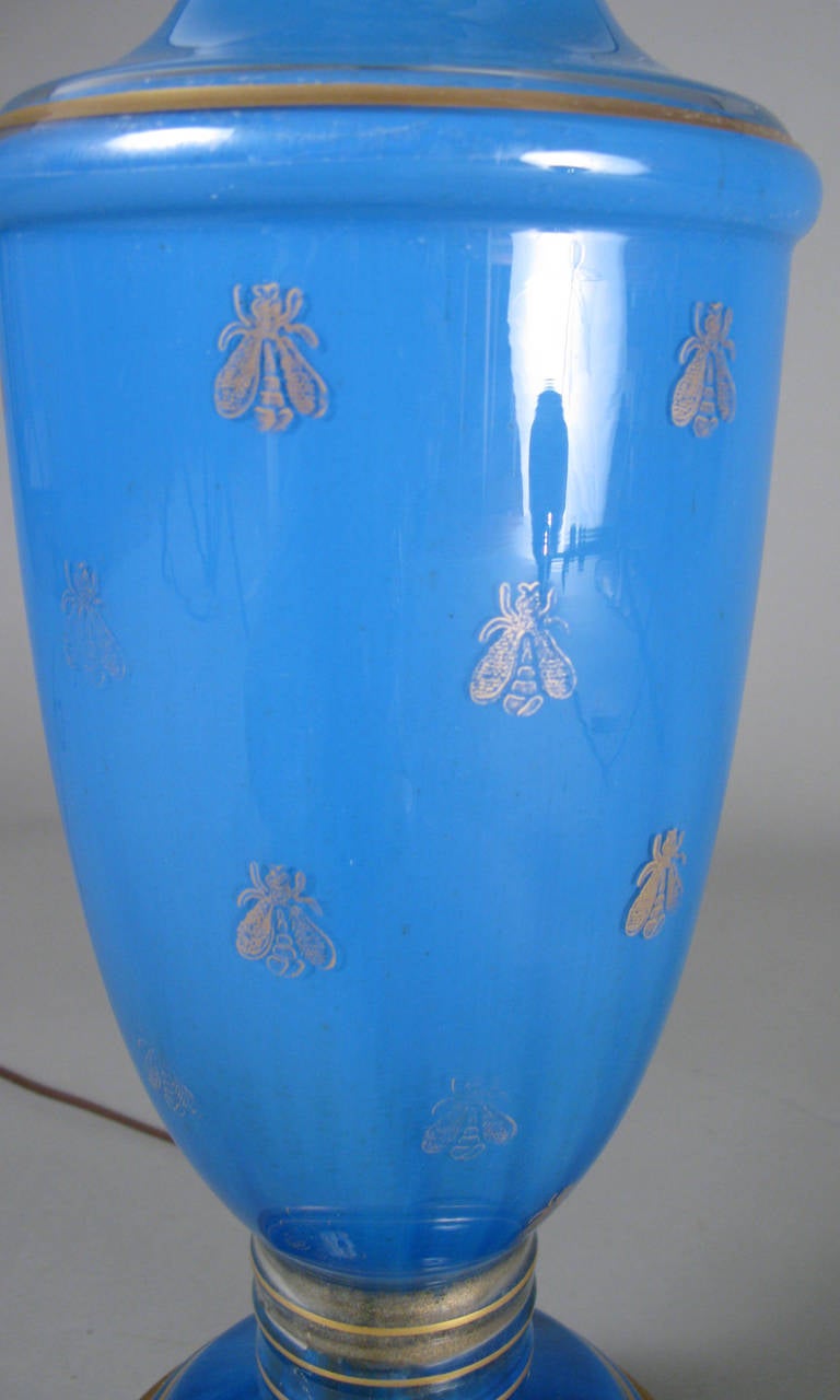 Pair of Charming Royal Blue Glass, Frederick Cooper Lamps with Gold Leaf Bees In Good Condition In Hudson, NY