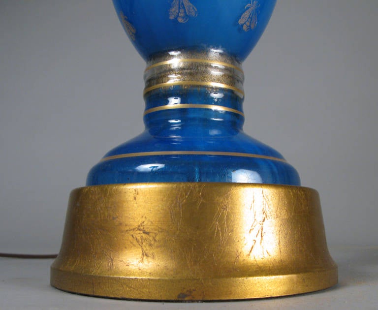 Mid-20th Century Pair of Charming Royal Blue Glass, Frederick Cooper Lamps with Gold Leaf Bees