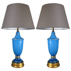 Pair of Charming Royal Blue Glass, Frederick Cooper Lamps with Gold Leaf Bees