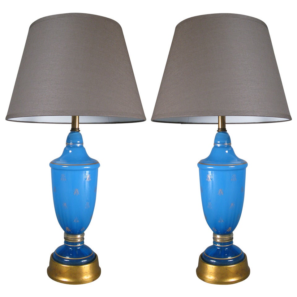 Pair of Charming Royal Blue Glass, Frederick Cooper Lamps with Gold Leaf Bees