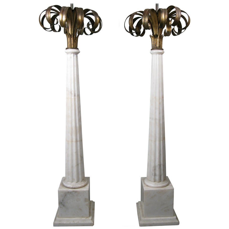 Outstanding Pair of Italian Marble and Gilded Palm Floor Lamps
