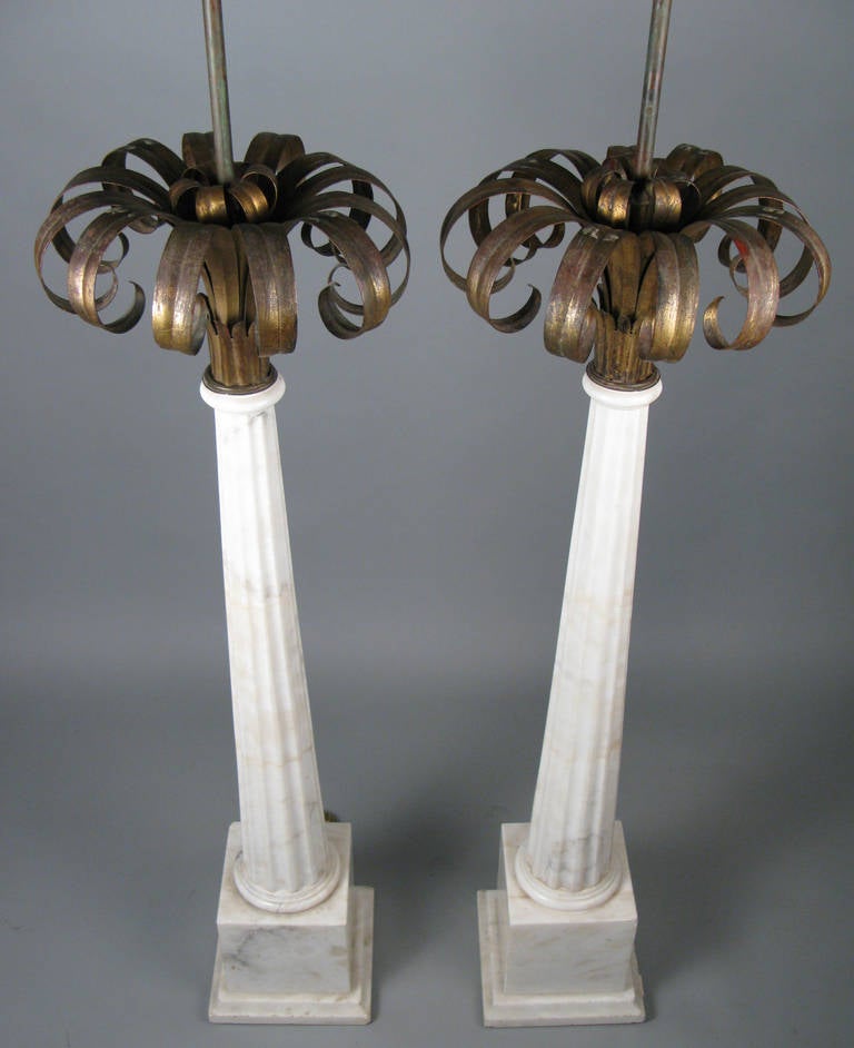 Outstanding Pair of Italian Marble and Gilded Palm Floor Lamps 1