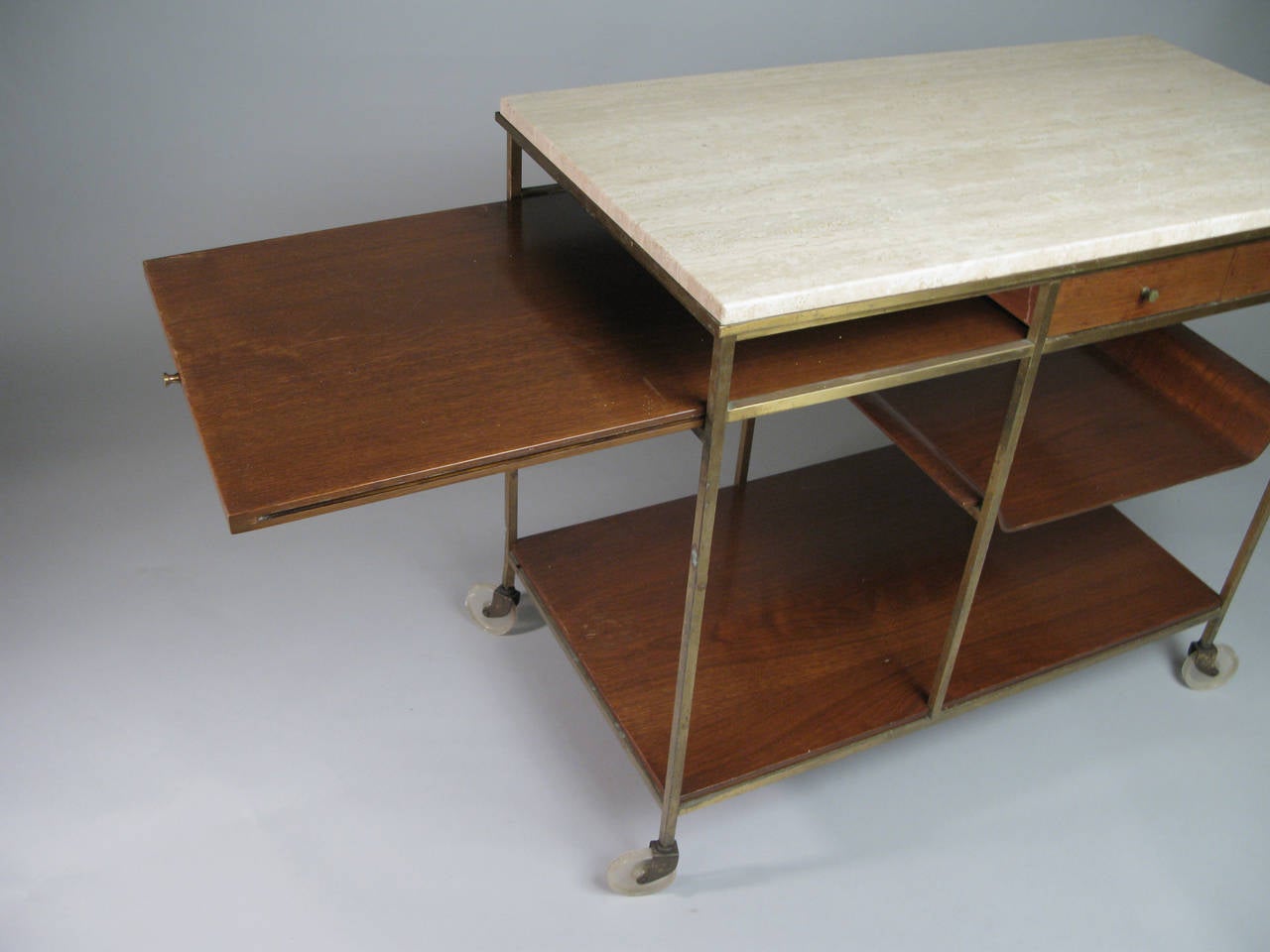American 1950s Brass and Travertine Bar Cart by Paul McCobb for Calvin