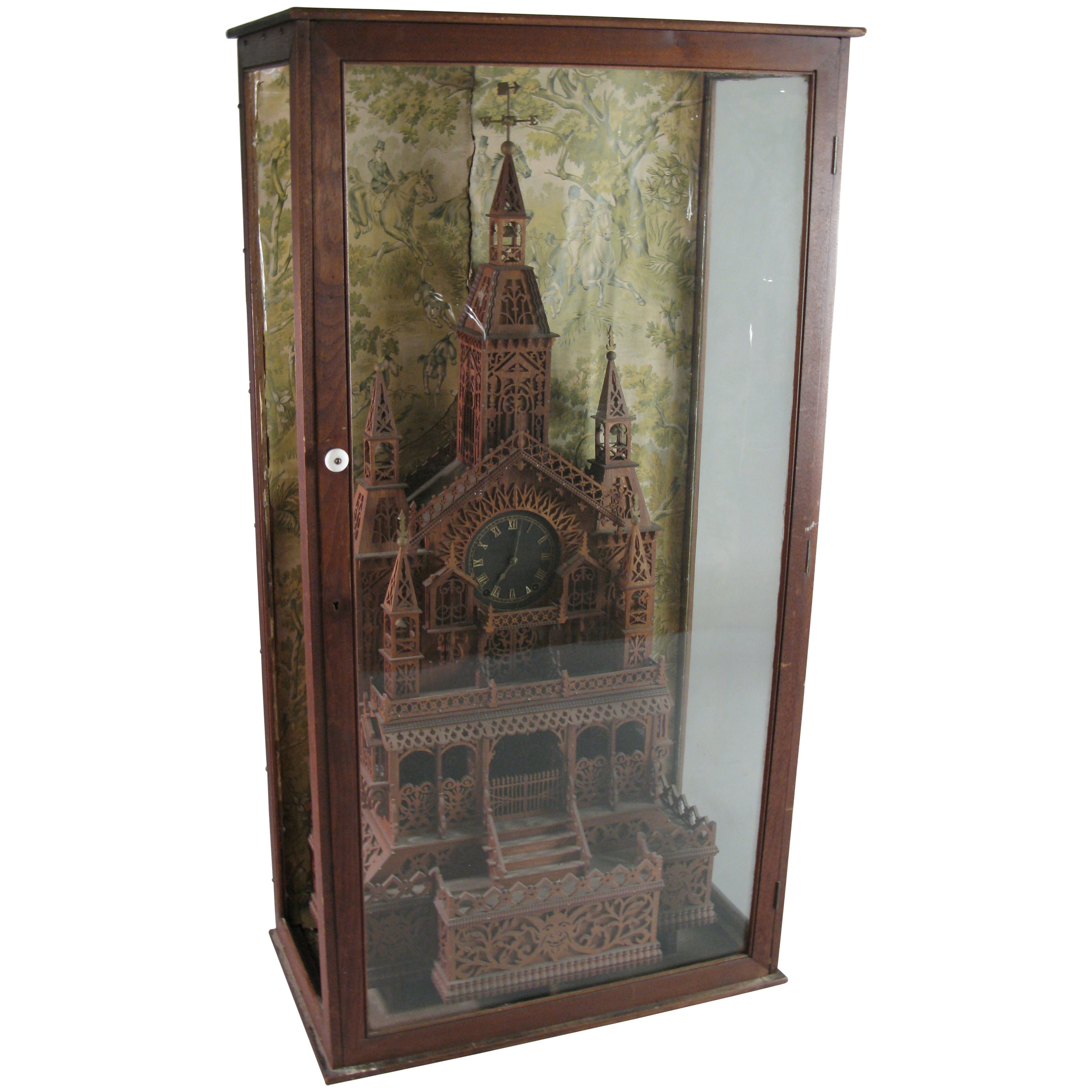 1920s Folk Art Cathedral Mantle Clock in Glass Case