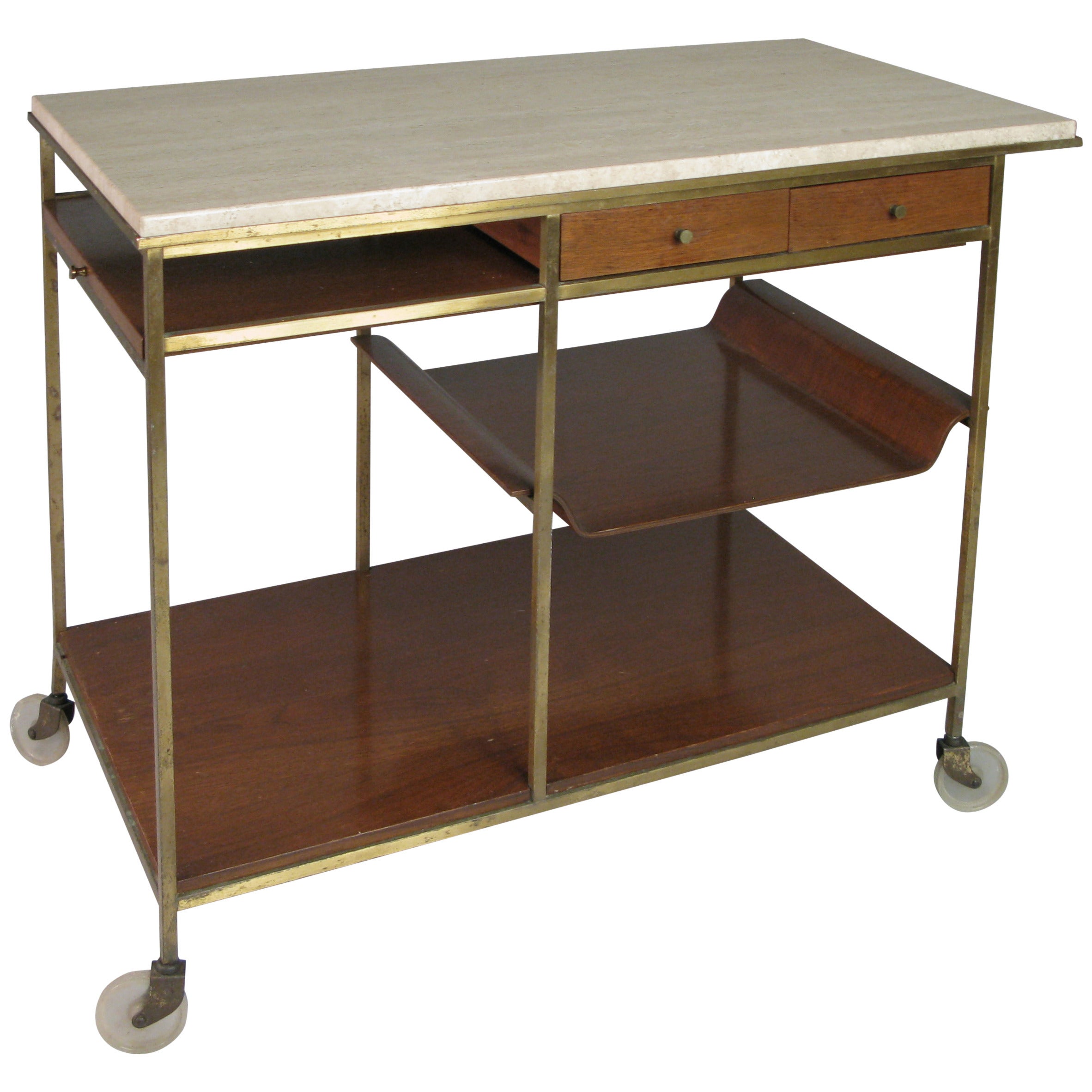 1950s Brass and Travertine Bar Cart by Paul McCobb for Calvin