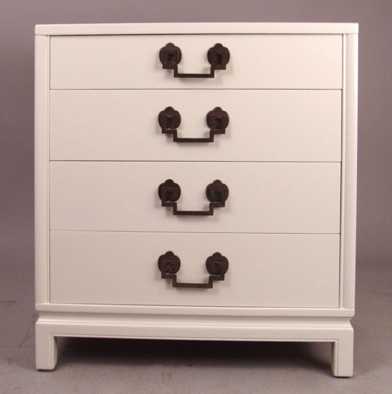 Pair Hollywood Regency White Lacquer Chests Nightstands