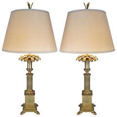 Pair of Brass Column & Leaf Table Lamps by Chapman