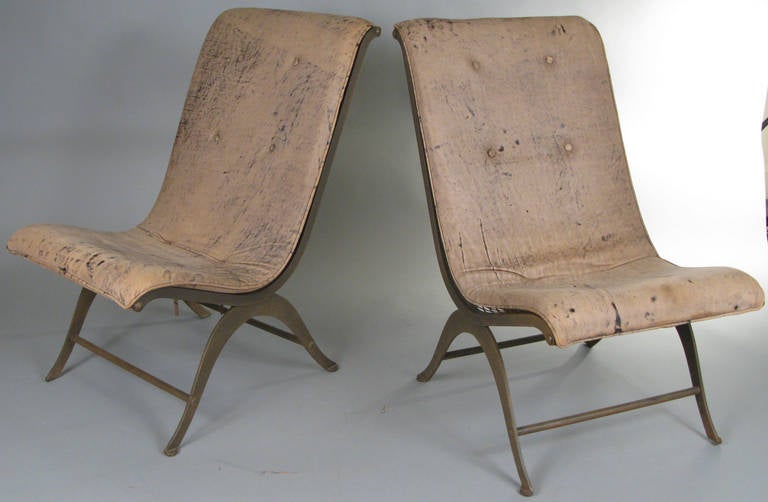 Pair of Curved Iron and Leather Slipper Chairs